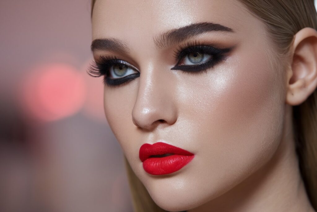 a close up photo of a beautiful blonde female model with red lips