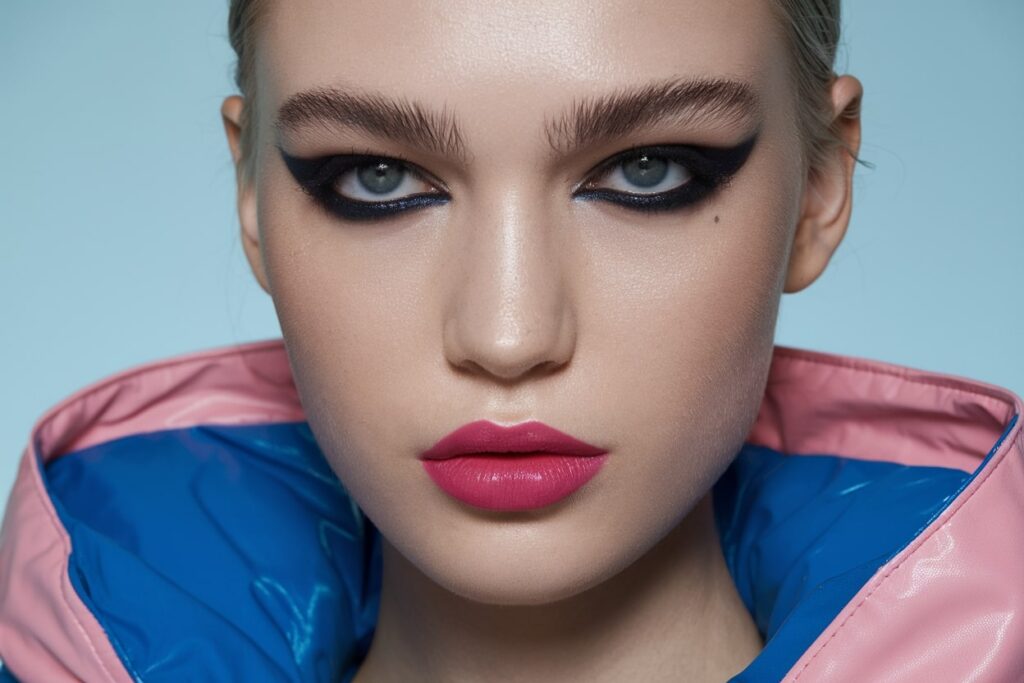 a close up photo of a beautiful white female model with makeup, pink and blue clothes