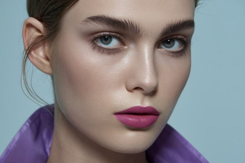 a close up photo of a beautiful white female with pink lipstick and purple clothing