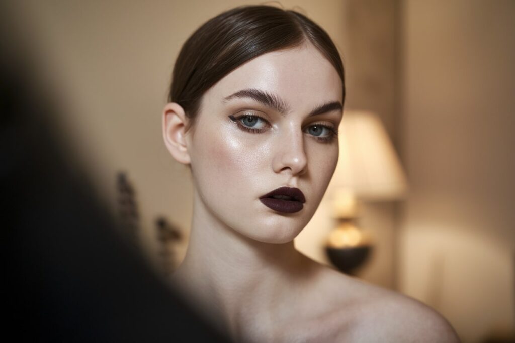 a close up photo of a beautiful white woman with dark lips