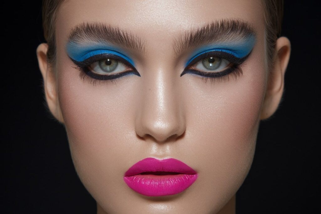 a close up shot of an attractive model with bright makeup, black background