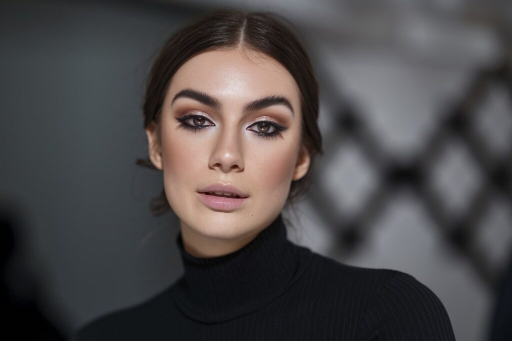 a closeup shot of an attractive model with professional makeup and black clothes