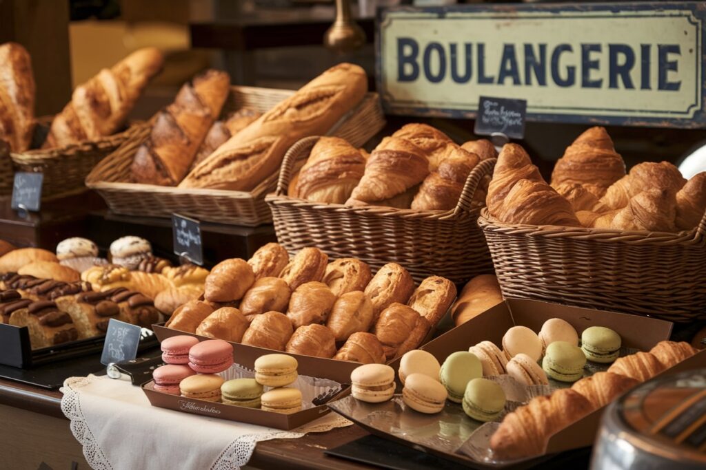 a bakery with multiple confections, colorful macarons