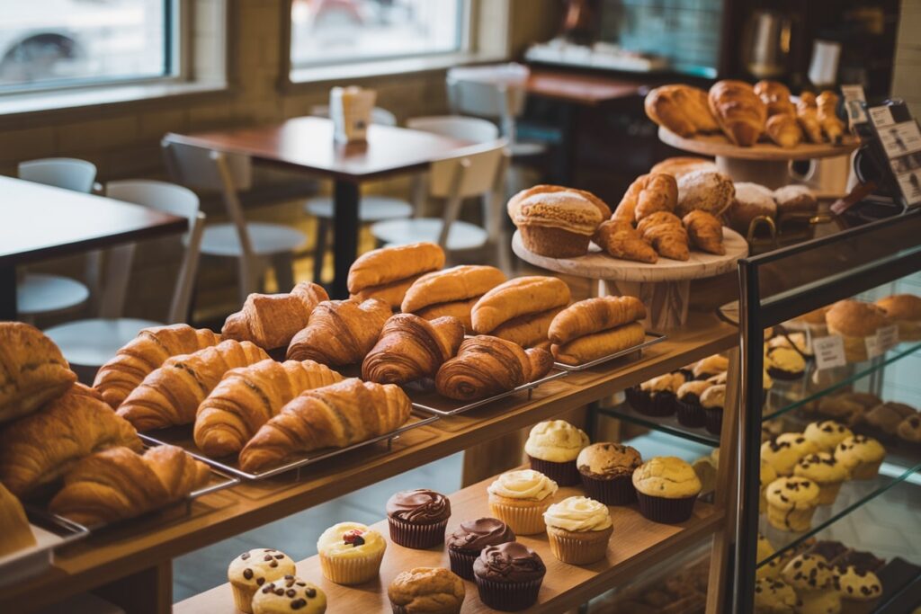 a bakery with various baked pastry