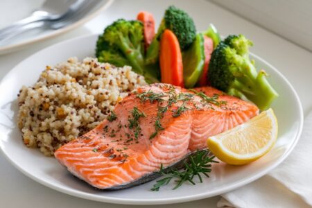 balanced meal consisting fish (salmon) and broccoli