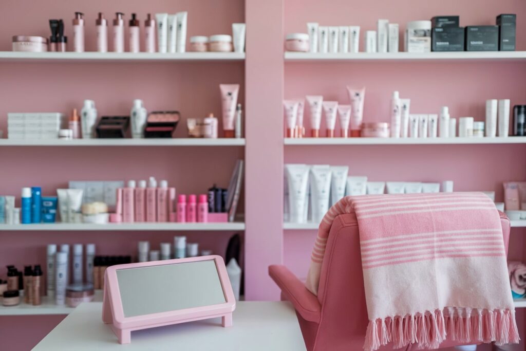 a well organized beauty or skincare store with cosmetic items on the shelves, pink walls