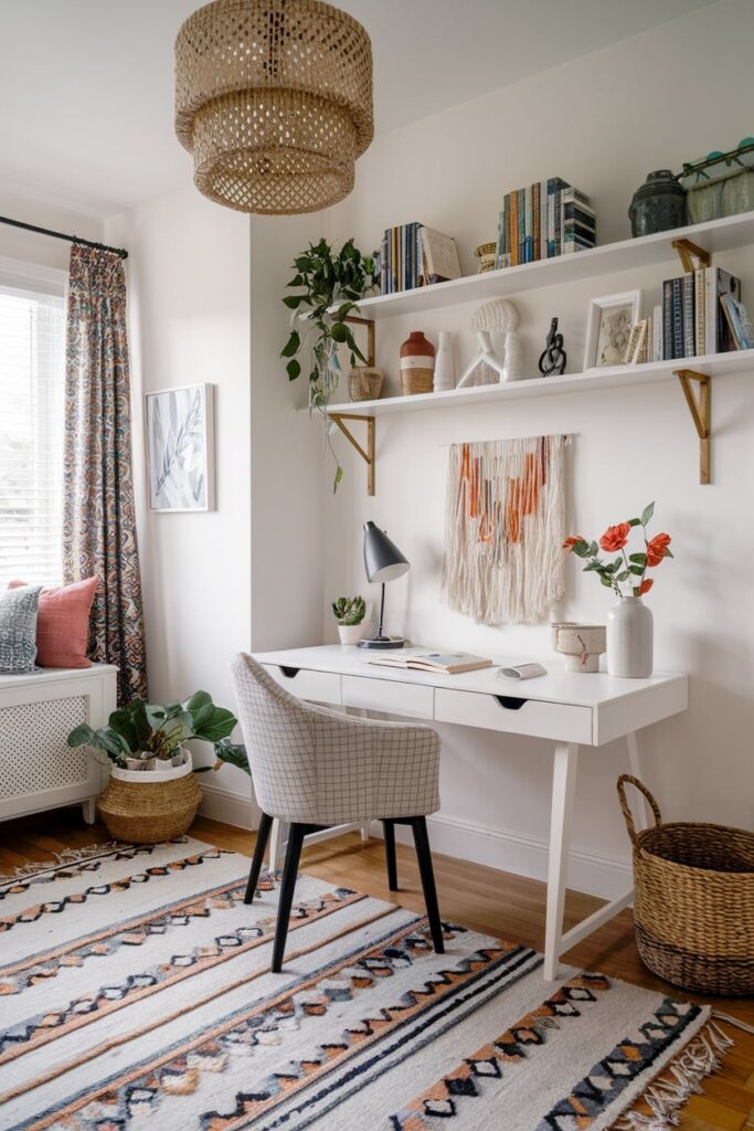 bohemian study room idea, layer patterns, area rug
