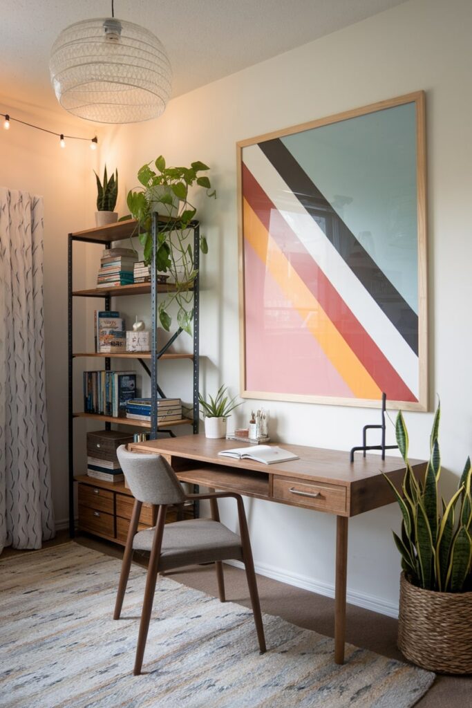 budget friendly study room, desk, shelving