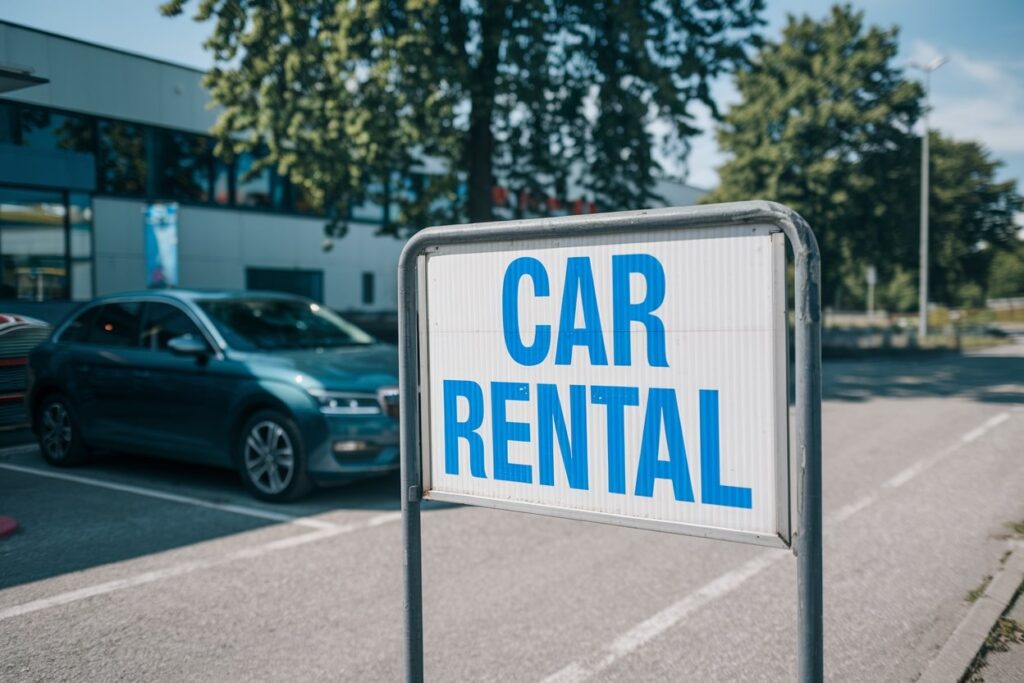 car rental service sign with a car on the background