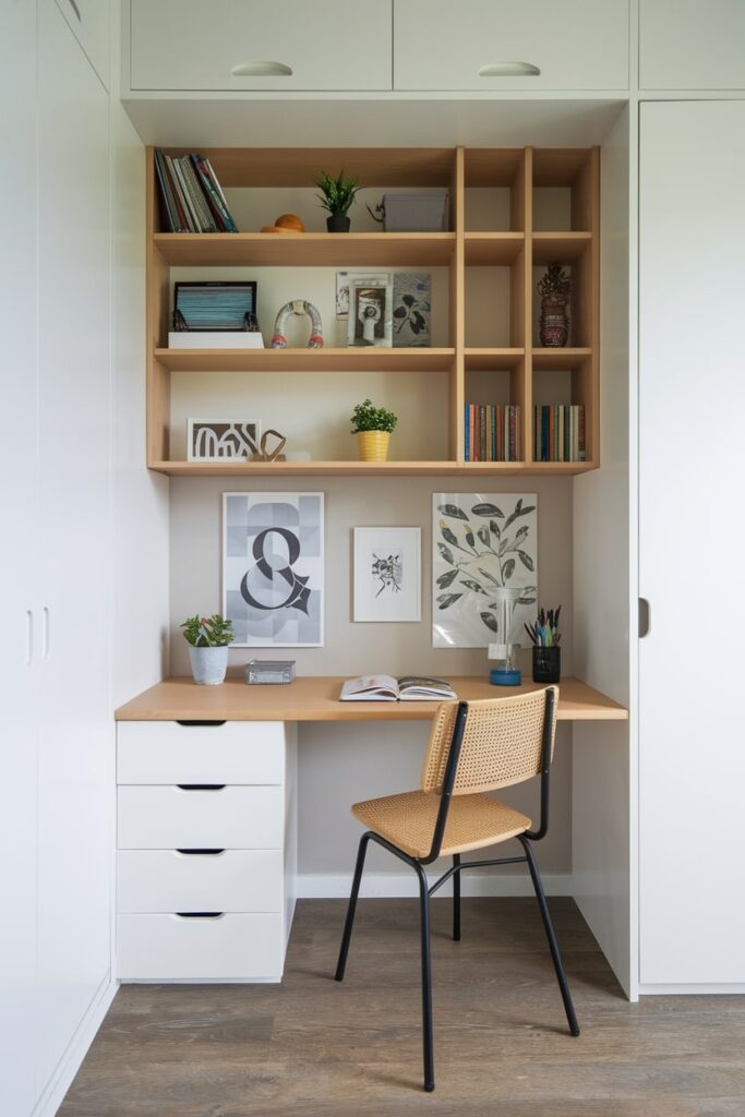 compact study room for small space with white cabinetry