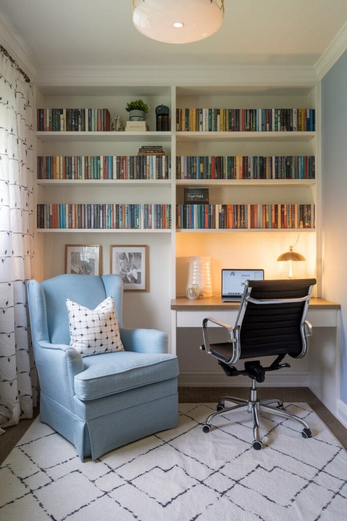 cozy reading nook study room, shelves with books
