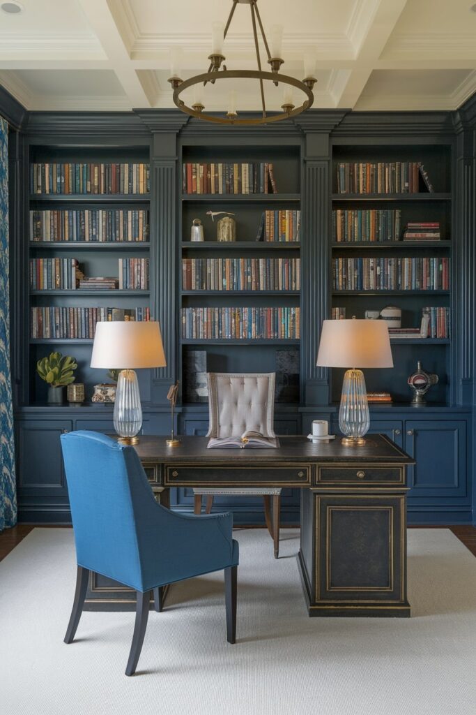 dark blue home library style study room, classic feel