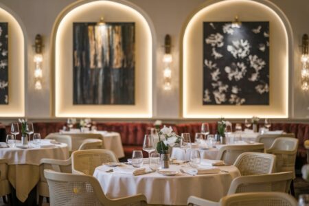 fine dining restaurant with white flowers on the table