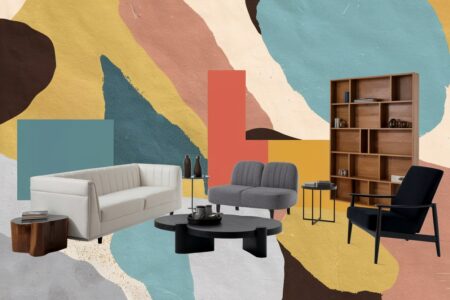 furniture items (couch, coffee table, chair, side table) and abstract background