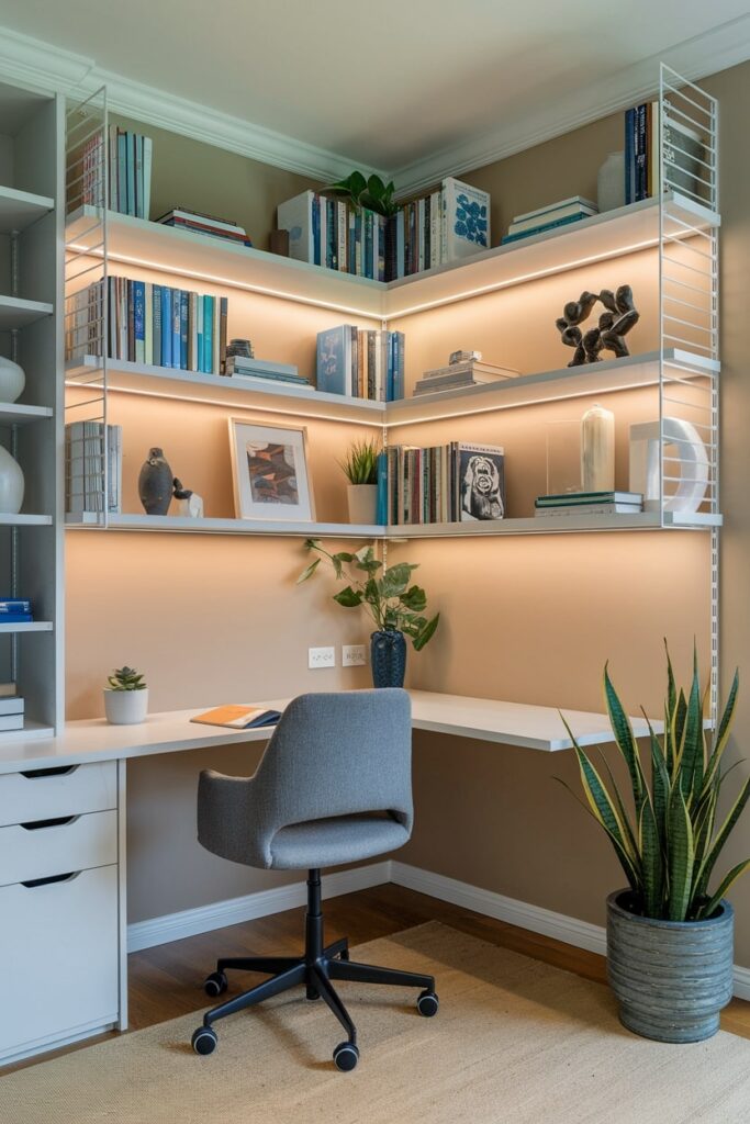 home office with a corner shelves with LED light above desk
