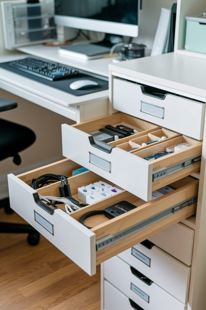home office with a drawer for cables and charges