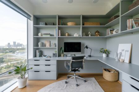 home office with effective storage, light gray shelving and drawers