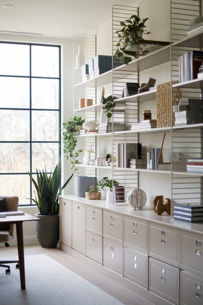 home office with floor to ceiling shelving and storage