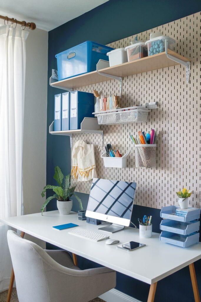 home office with pegboard system, shelves and containers, white desk
