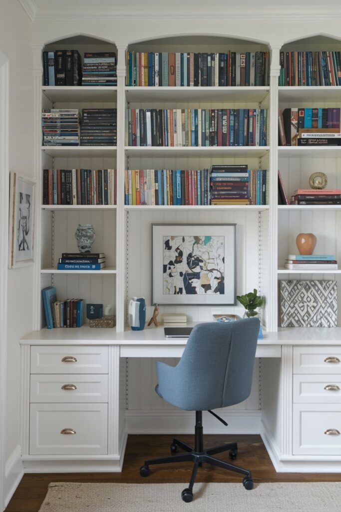 home office with white book storage shelves