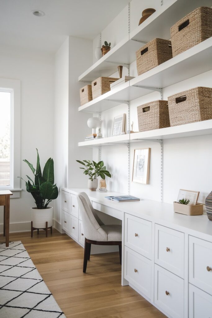 home office with woven storage bins on the white shelves