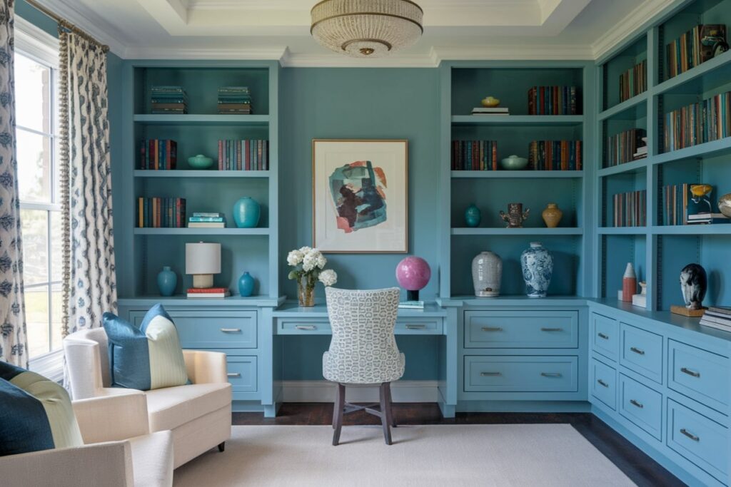 light blue study room with gentle pops of color