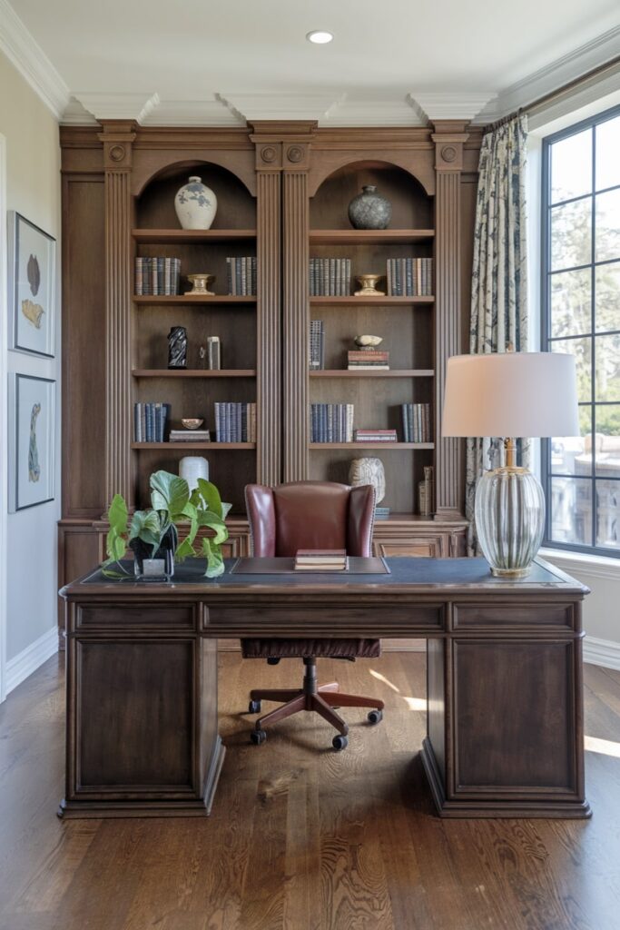 luxury home study room with wooden desk, built-ins, leather chair