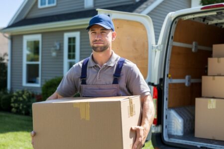 moving company guy with a box and a van behind