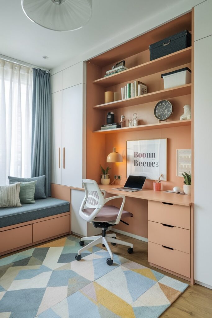 multi-functional study room with window seat, peach and white colors
