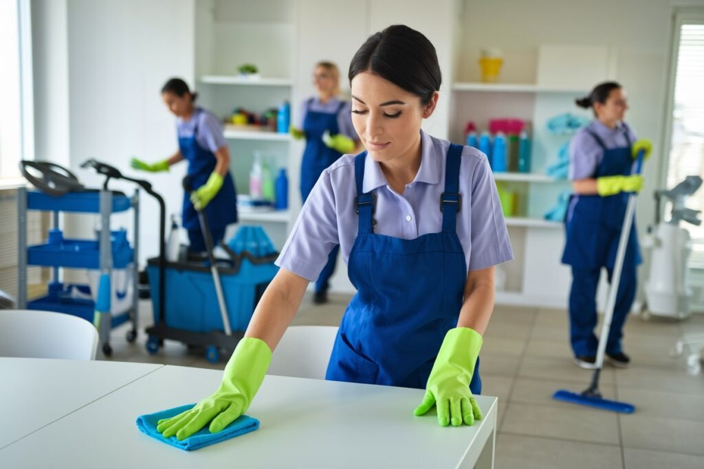 professional cleaning service female workers in action