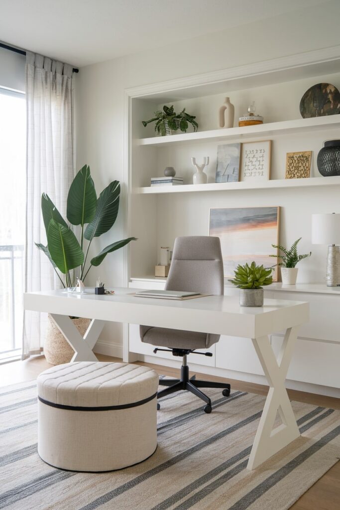round white ottoman with storage in the modern white home office