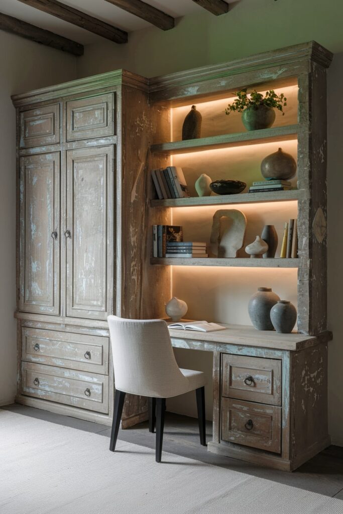 rustic study room with distressed wood cabinet and desk