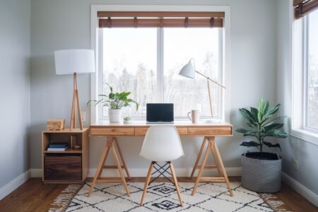 scandinavian home office with light gray walls, white chair, and wooden desk near the window