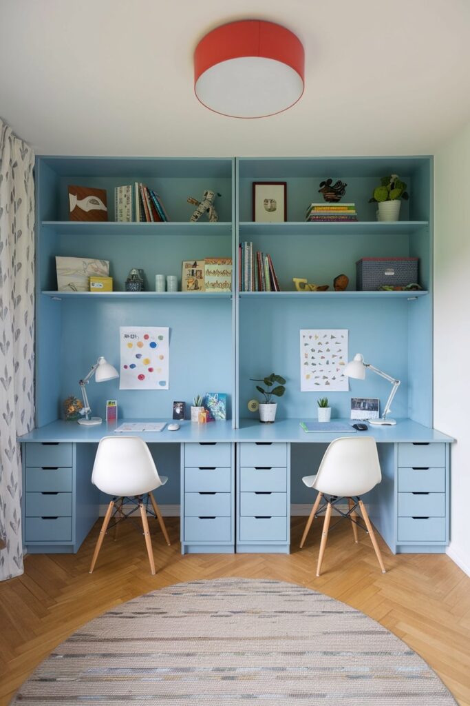 sibling study room setup for two, light blue furniture, white chairs