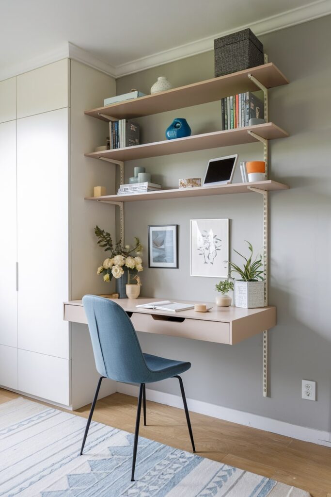 study room design with wall-mounted desk and shelves, light gray wall