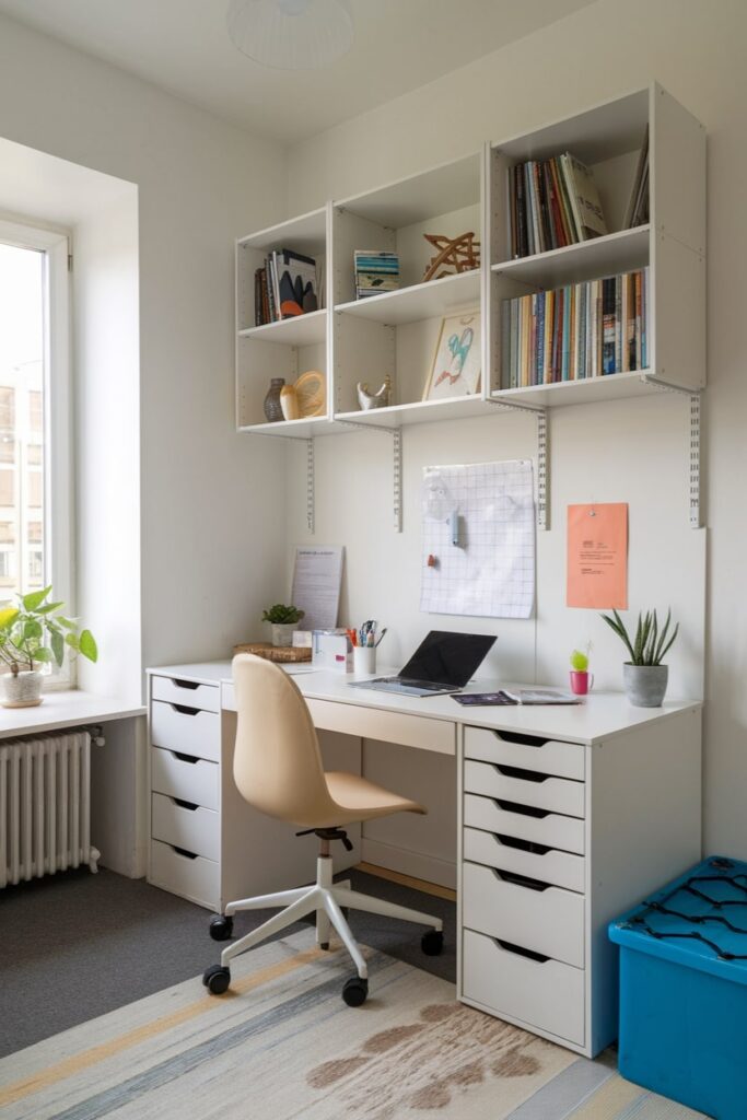 study room with white modular furniture