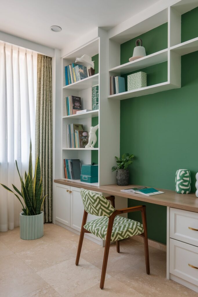 study room with a green accent wall and decor
