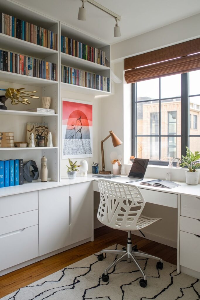 study room with a DIY decorative painting, white furniture, black windows, wooden blinds