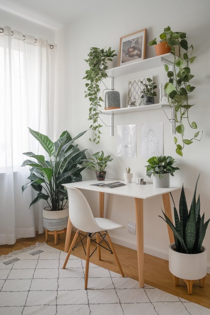 white study room with indoor plants as decor