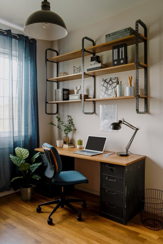 study room with industrial desk and floating shelves