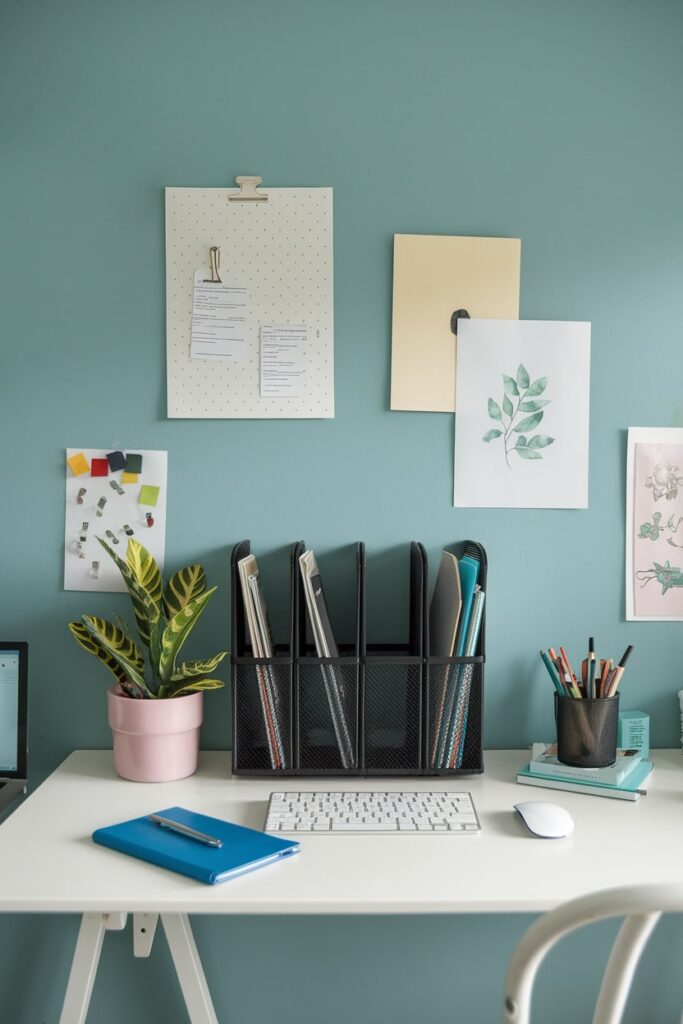 upright mesh desktop file organizer in home office