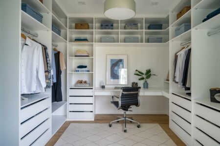 white walk-in closet office with blue decor