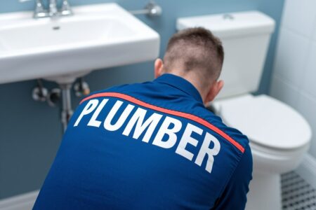 back of a plumber, sink and toilet in the background