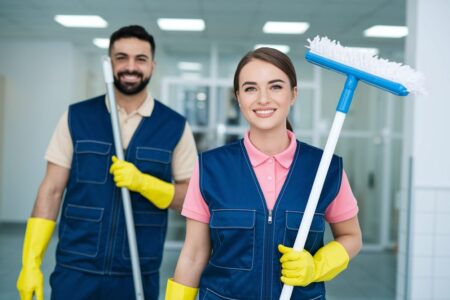 cleaning workers and man and a woman in blue vests, they have yellow gloves, a man wears beige polo shirt, a woman wears pink polo shirt