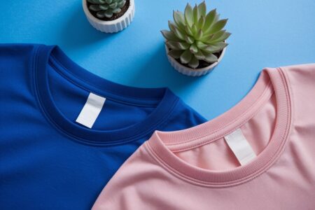 close photo of the blue and pink t-shirts on the blue surface