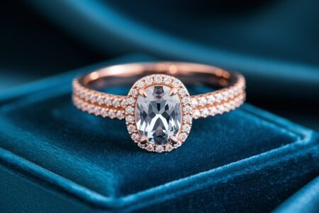 close up shot of jewelry item, diamond ring with a big gemstone, green velvet background