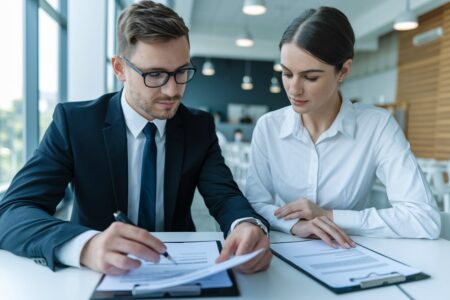 consulting business employee in action with a woman client in business attire