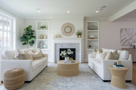 light spring living room with light wood coffee and side tables
