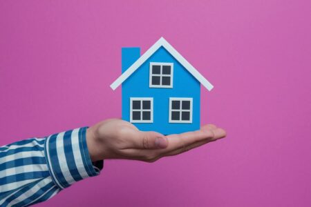male's hand holding a blue mini house, real estate business