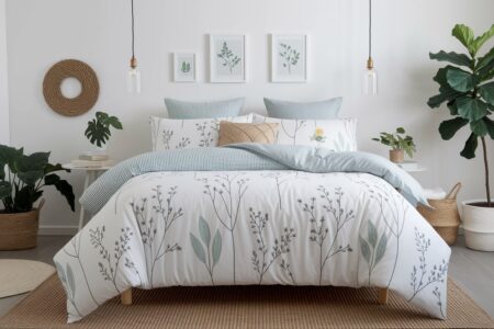 spring bedroom decorated with botanical print bedding, white walls